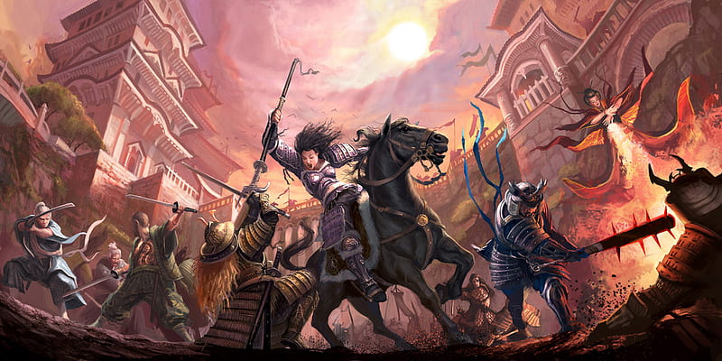 Epic, fantasy, warrior, cgi, weapon, horse, HD wallpaper