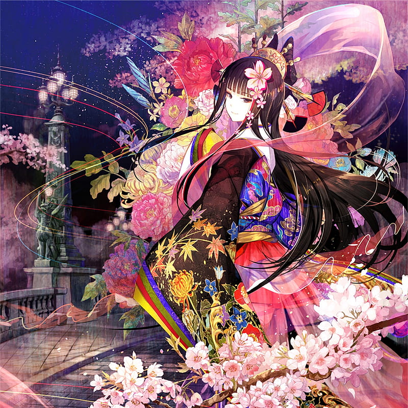 Sakura, pretty, sakura blossom, bonito, cherry blossom, sweet, blossom, nice, japan, anime, yukata, t, beauty, anime girl, long hair, gorgeous, female, lovely, japanese, smile, kimono, happy, kawaii, girl, flower, petals, cherry, HD wallpaper