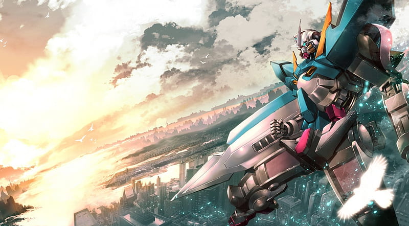 Gundam, city, mecha, exia, buildings, sunset, HD wallpaper