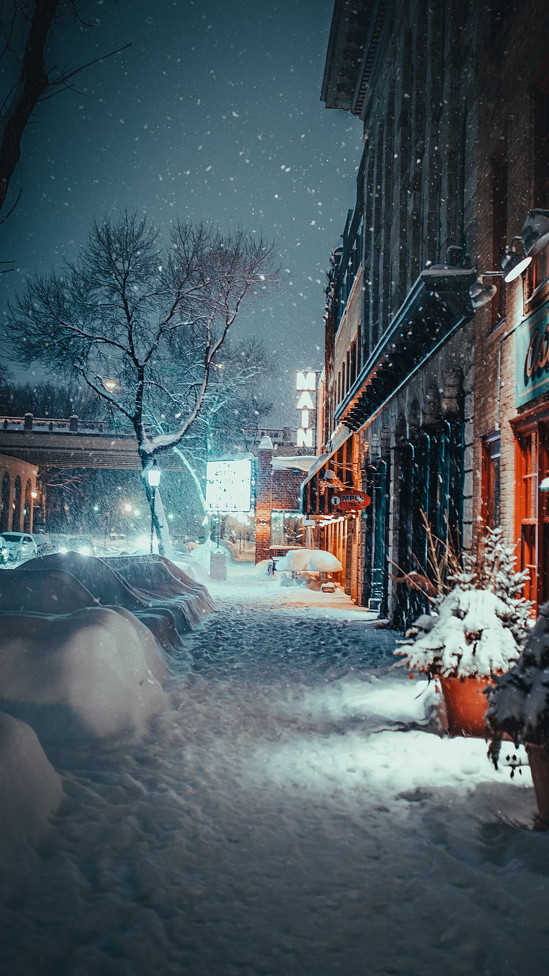 Snowfall in the City , buildings, street, winter, evening, HD phone wallpaper