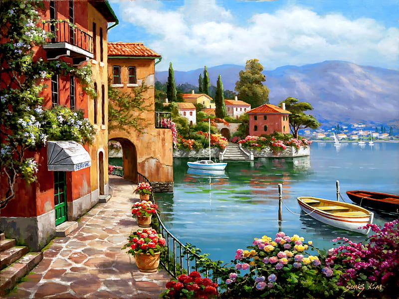 Villa de lago, pretty, art, lago, lovely, houses, town, bonito, villa, que, lake, countryside, boats, serenity, painting, peaceful, village, HD wallpaper