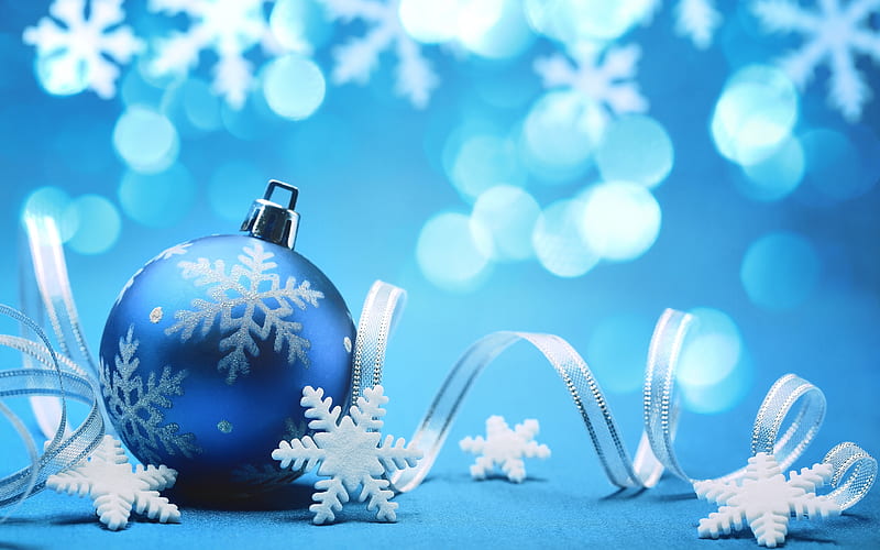 white snowflakes, blue christmas balls, ribbons, Happy New Year, christmas decorations xmas balls, new year concepts, Merry Christmas, HD wallpaper