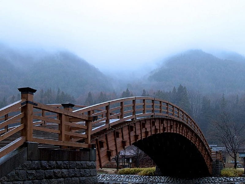 Wood Bridge, mountain, japan, japanese, bridge, nature, nagano, HD wallpaper
