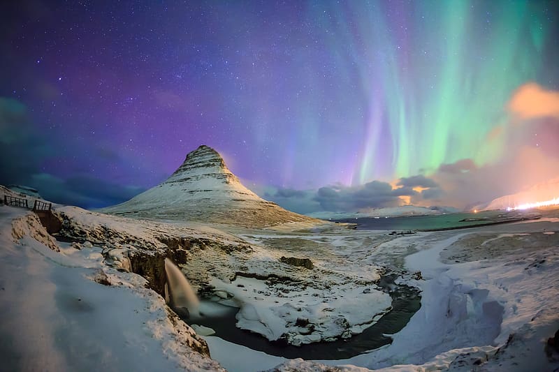 Sky, Snow, Mountain, Waterfall, , Aurora Borealis, Iceland, River, Kirkjufoss, Kirkjufell, HD wallpaper