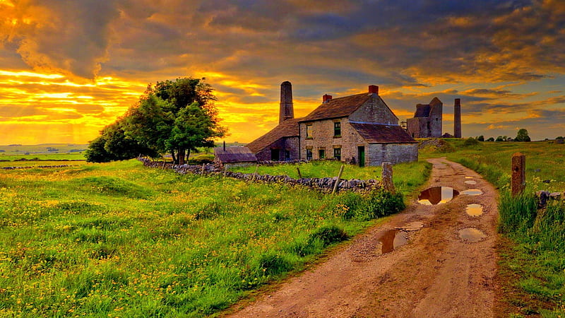 old farm after a storm r, farm, house, stone, puddles, r, road, clouds, HD wallpaper