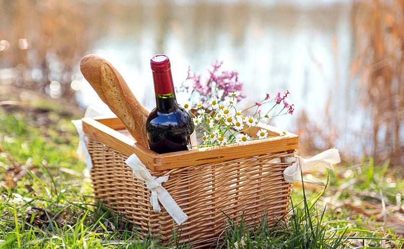 Picnic Basket, romantic, grass, romance, wine, bread, picnic, basket, love, flowers, nature, daisy, HD wallpaper