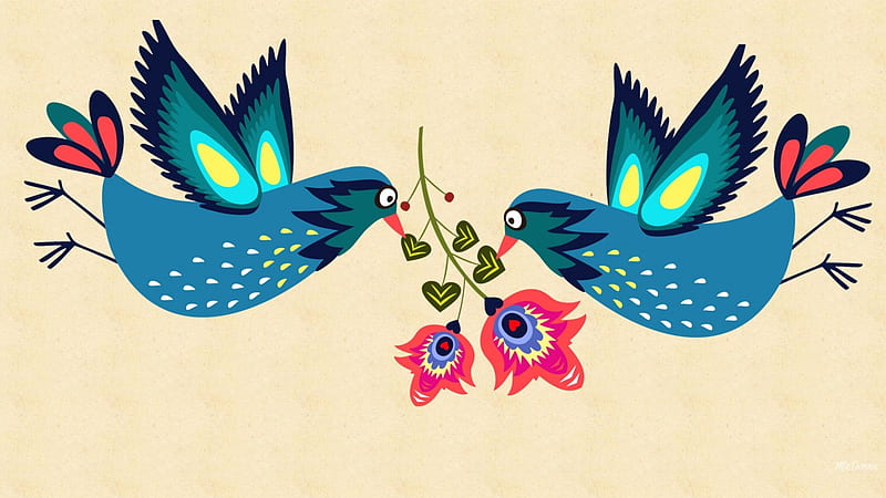 Folk Art Birds, folk art, bright, summer, birds, flowers, spring, abstract, vector, HD wallpaper