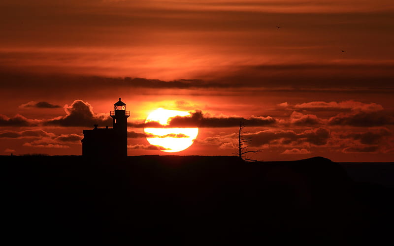 Lighthouse Sunset, lighthouse, nature, sun, HD wallpaper