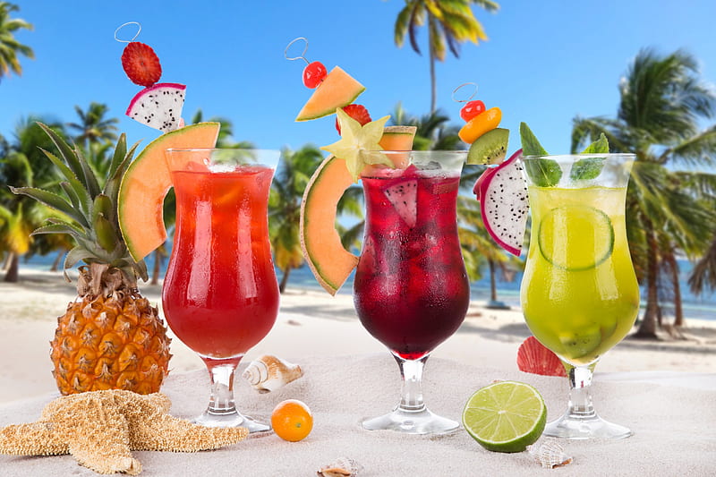 Tropical Cocktails, fruit, beach, cocktail, fresh, drink, tropical, HD wallpaper