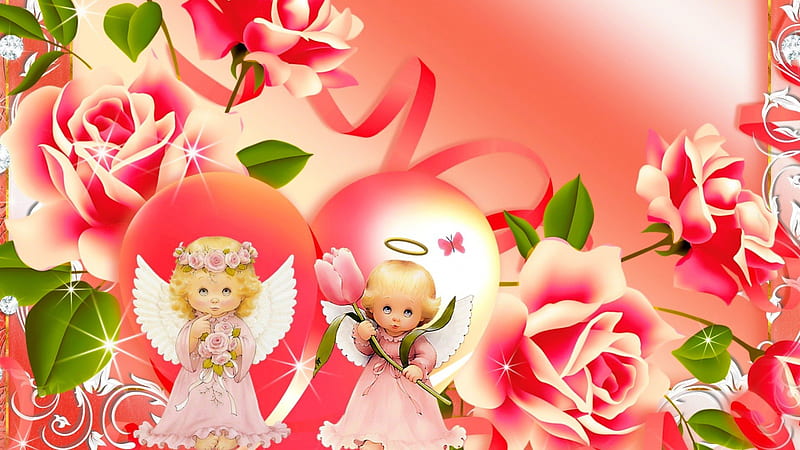 Valentine angels, pretty, wreath, bonito, valentine, angels, floral, sweet, lovers, nice, love, flowers, lovely, holiday, roses, happy, cute, girl, passion, day, HD wallpaper
