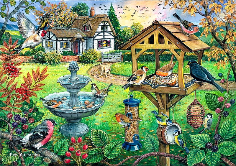 Bird's Table, autumn, house, well, songbirds, artwork, leaves, painting, garden, dog, HD wallpaper