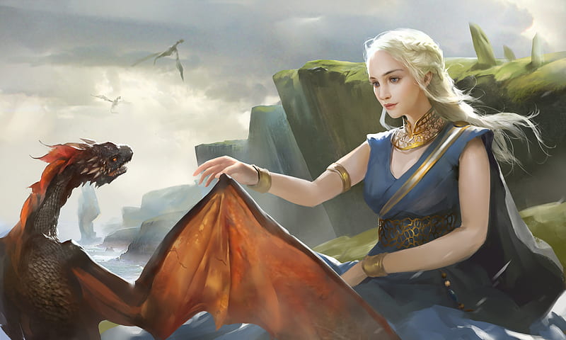 Daenerys Targareyn With His Dragon, game-of-thrones-season-8, daenerys-targaryen, game-of-thrones, tv-shows, artwork, artist, digital-art, artstation, HD wallpaper