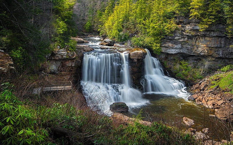 mountain river, forest, waterfall, rocks, beautiful waterfall, mountains, HD wallpaper