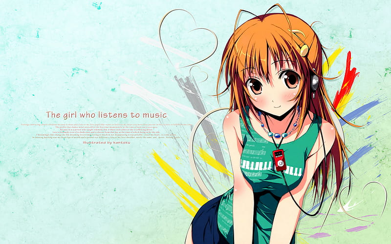 Music can you feel it, cute, girl, anime, music, orange eyes, headphones, orange hair, HD wallpaper