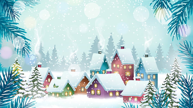 Colorful Winter Village, Christmas, cottages, Feliz Navidad, New Years, houses, home, trees, neighborhood, winter, pine, snow, Firefox Persona theme, blue, HD wallpaper