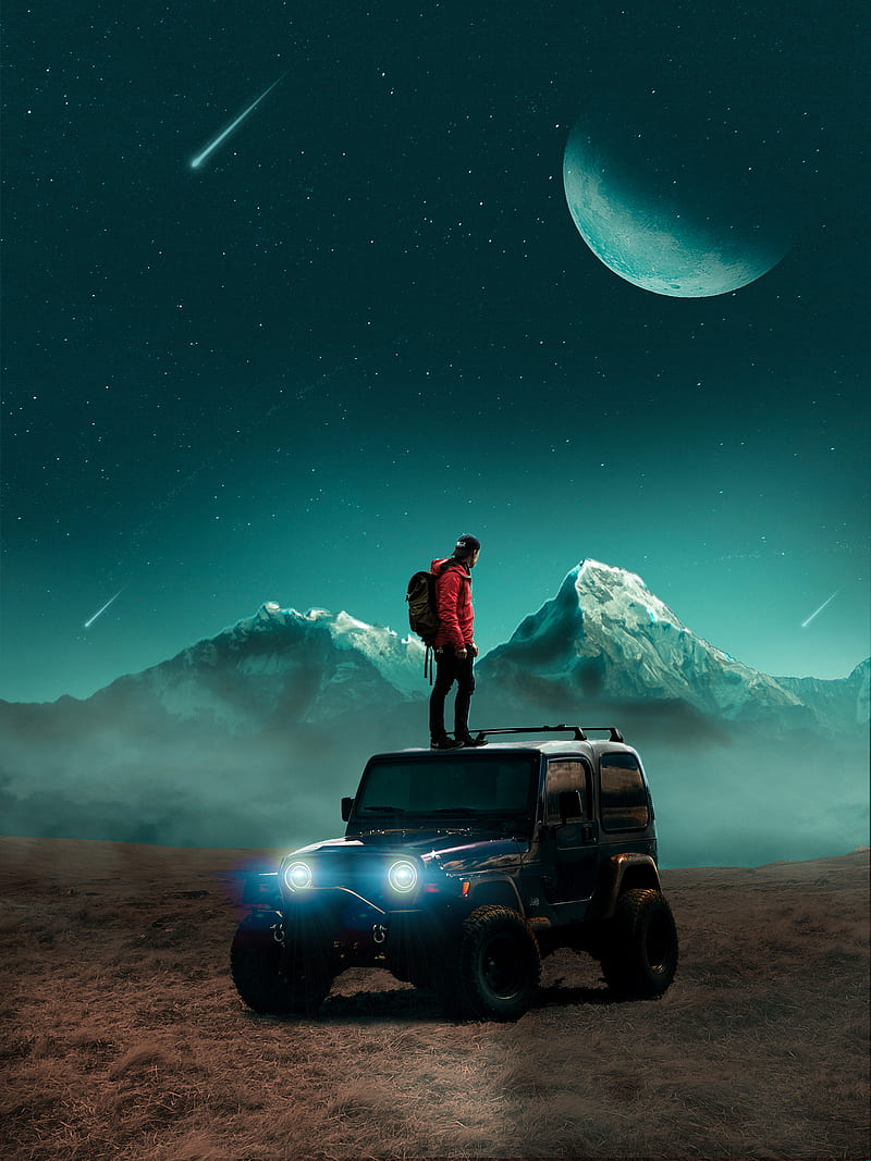 Traveler, asteroid, hike, hiker, jeep, man, manipulation, moon, mountain, sky, travel, HD phone wallpaper
