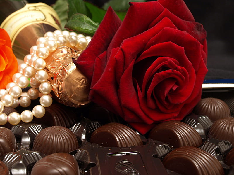 Happy velentine day, red, holiday, rose, valentine, happy, candies, love, flower, day, pearls, HD wallpaper