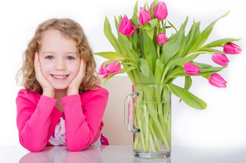 Cute Girl, cute, tulips, pink, girl, HD wallpaper