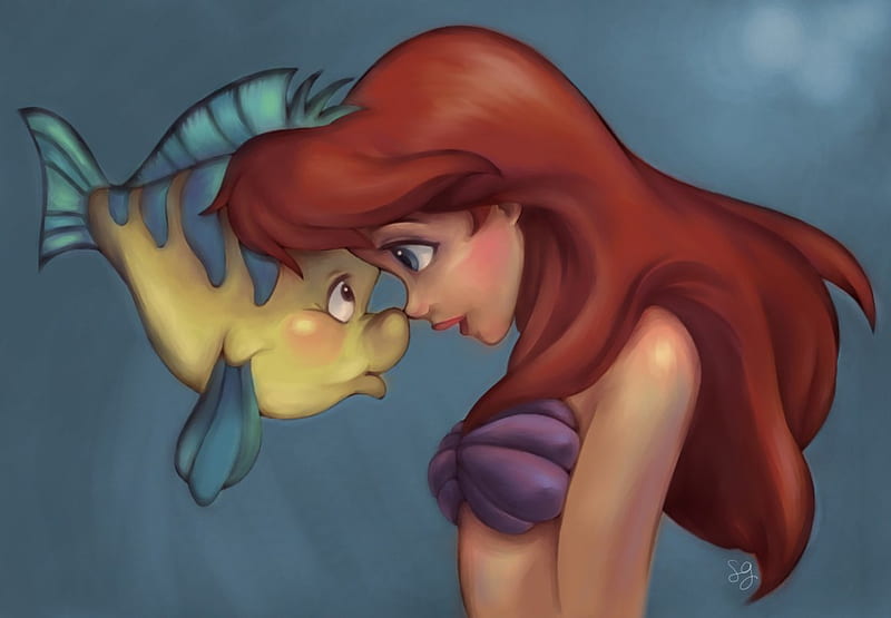 Ariel and Flounder, Ariel, Disney, The Little Mermaid, Cartoon, Painting, Flounder, HD wallpaper