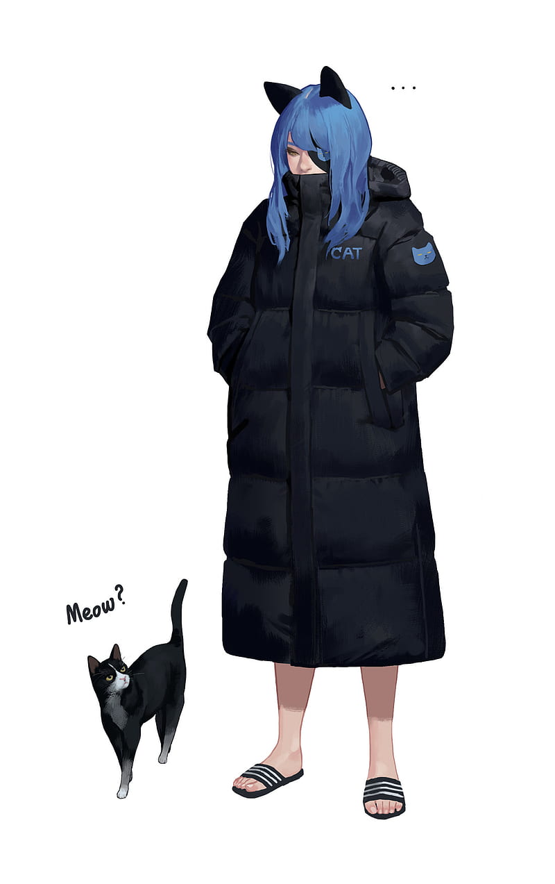 blue hair, cats, digital, coats, simple background, HD phone wallpaper
