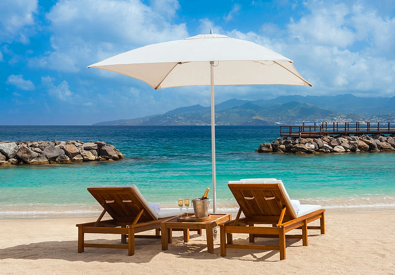 ☼ Take a seat and relax! ☼, sunlounger, isle, shore, sea, beach, sunshade, SkyPhoenixX1, season, vacation, holiday, drinks, ocean, sky, summer, sunshine, island, nature, champagne, coast, HD wallpaper