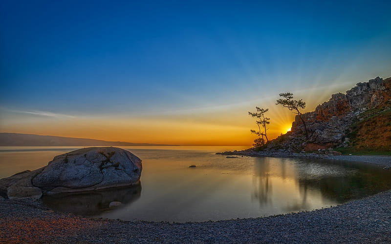 Lake Baikal , Russia, Lake, Sunrise, Rock, Trees, Stone, HD wallpaper