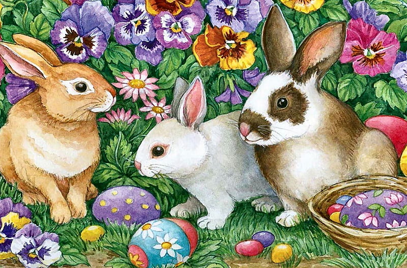 Easter Bunny Treasures F1, art, holiday, April, illustration, artwork, March, Easter, basket, love, painting, eggs, pansies, wide screen, occasion, bunnies, HD wallpaper