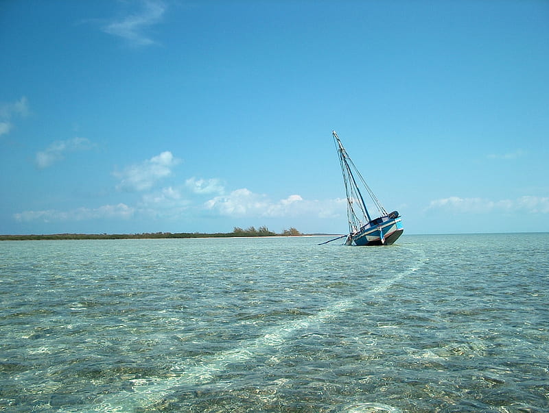 Wrecked Haitian Sloop, Boat, Water, Bahamas, Wreck, HD wallpaper