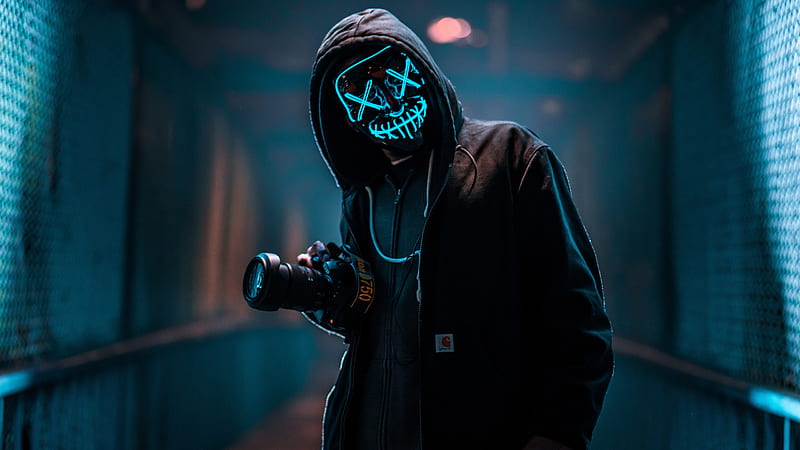 Mask Guy With Dslr, mask, graphy, camera, neon, anonymus, HD wallpaper