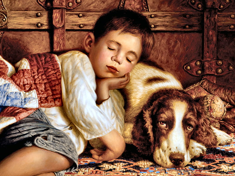 Worn Out - Dog FC, art, quilt, bonito, pets, artwork, canine, animal, boy, painting, wide screen, dogs, HD wallpaper