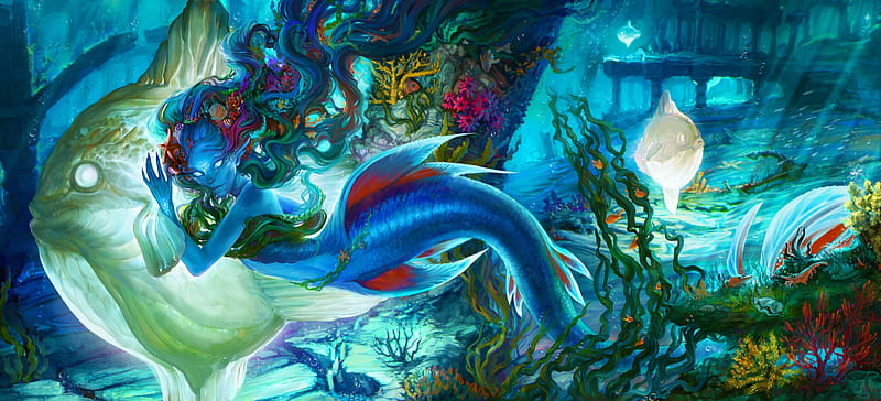 Mermaid, vara, girl, exellero, summer, siren, blue, art, luminos, fantasy, HD wallpaper