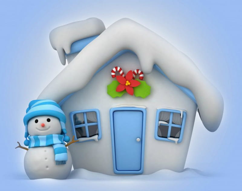 Blessed Christmas, house, snowman, christmas, snow, HD wallpaper