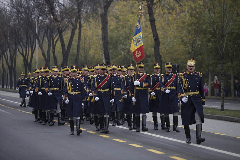 Romanian Military Guard, officer leading, flag with bearer, trees, blue uniforms, road, HD wallpaper