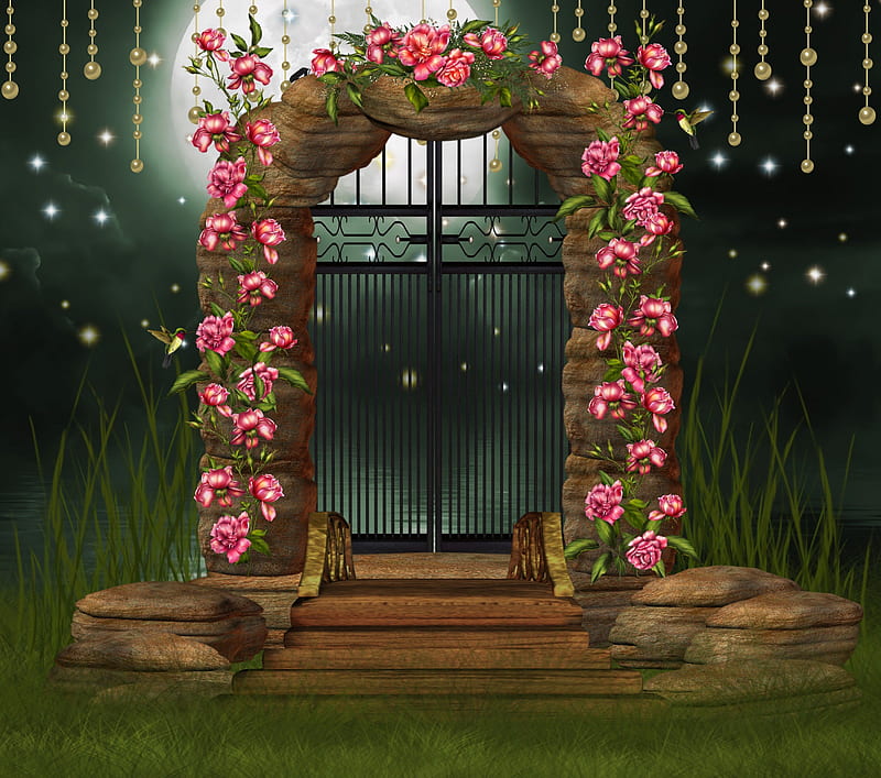 ✼Gate of Love & Happiness✼, rocks, pretty, grass, premade BG, bonito, door, fantasy, bridge, stock , love, flowers, gorgeous, resources, animals, gate, lakes, lovely, happiness, roses, bird, plants, beads, backgrounds, HD wallpaper