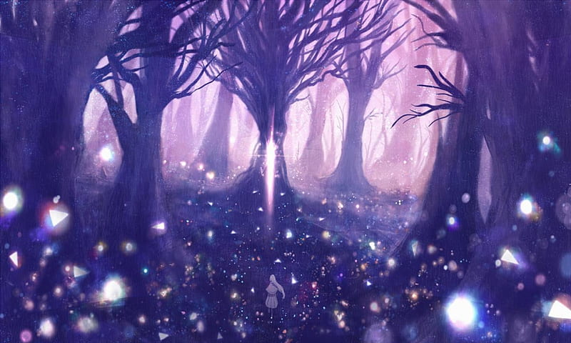 Forest of Spirits, forest, spirit, art, fantasy, purple, girl, orginal, HD wallpaper