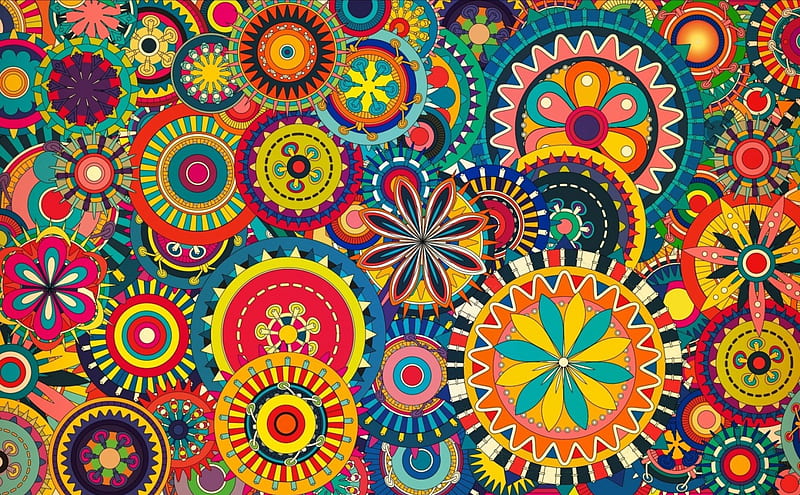 Texture, pattern, red, colorful, circle, orange, green, flower, paper, blue, HD wallpaper