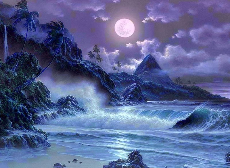 Moonlight of Summer, moons, oceans, colors, love four seasons, bonito, attractions in dreams, waves, sea, paintings, paradise, beaches, summer, moonlight, nature, HD wallpaper