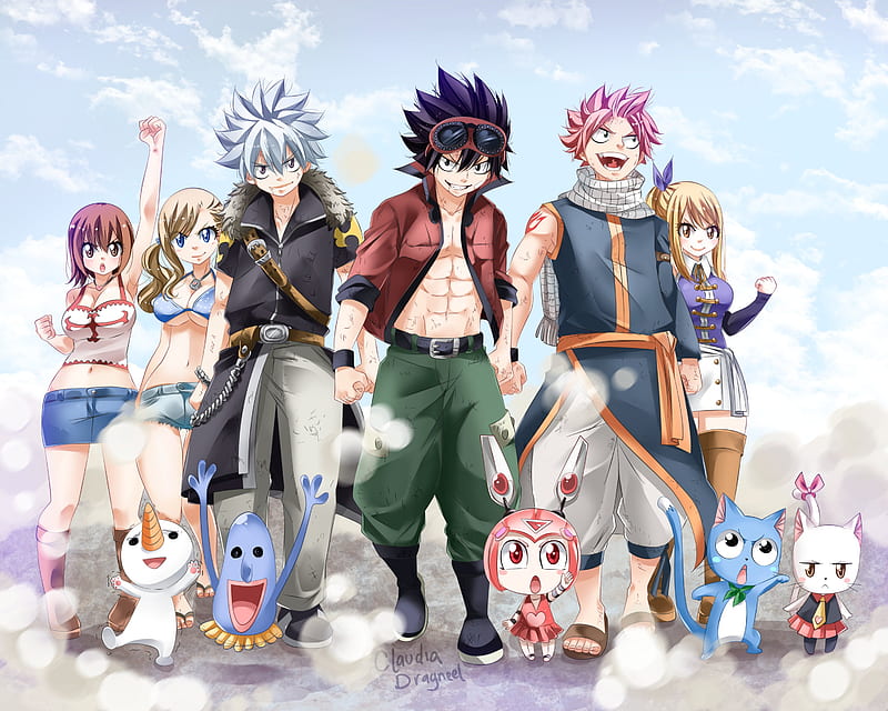 Anime, Crossover, Charles (Fairy Tail), E.M. Pino, Edens Zero, Elie (Rave Master), Fairy Tail, Happy (Fairy Tail), Haru Glory, Lucy Heartfilia, Natsu Dragneel, Rave Master, Rebecca (Edens Zero), Shiki Granbell, HD wallpaper