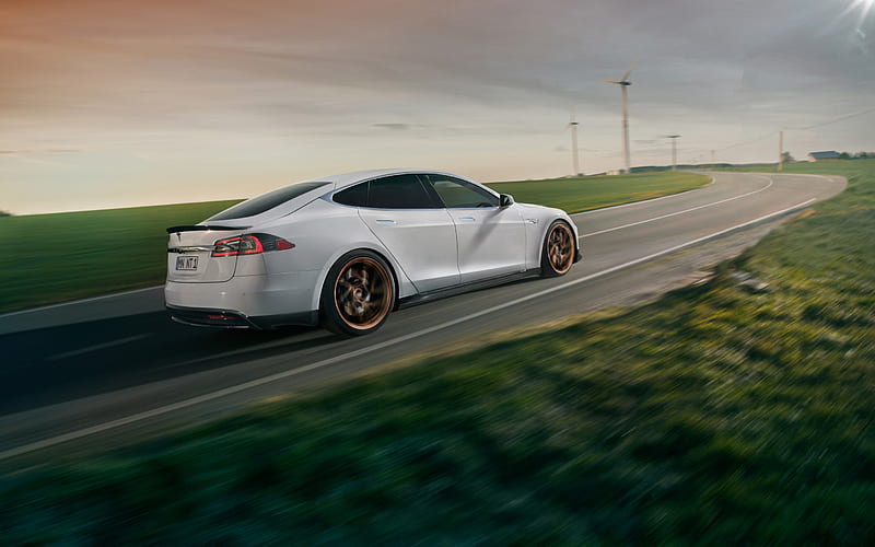 Tesla Model S, Novitec, 2018, electric car, white sedan, tuning Model S, bronze wheels, Tesla, HD wallpaper