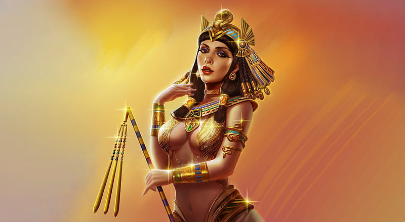 Cleopatra, girl, golden, queen, lv bowen, egypt, frumusete, luminos, yellow, fantasy, HD wallpaper