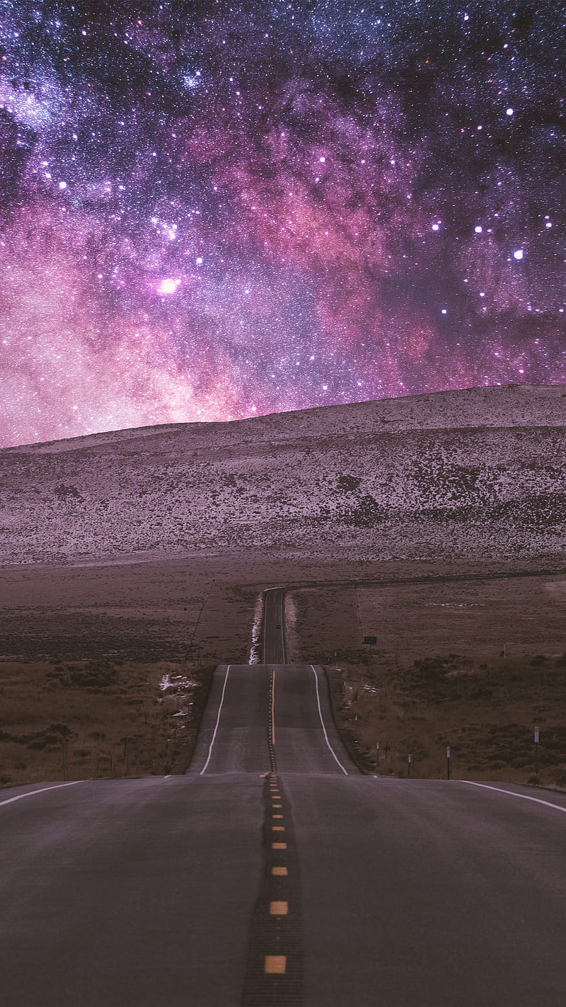 starry highway, galaxy, hills, milky way, nature, night sky, road, space, stars, travel, HD phone wallpaper