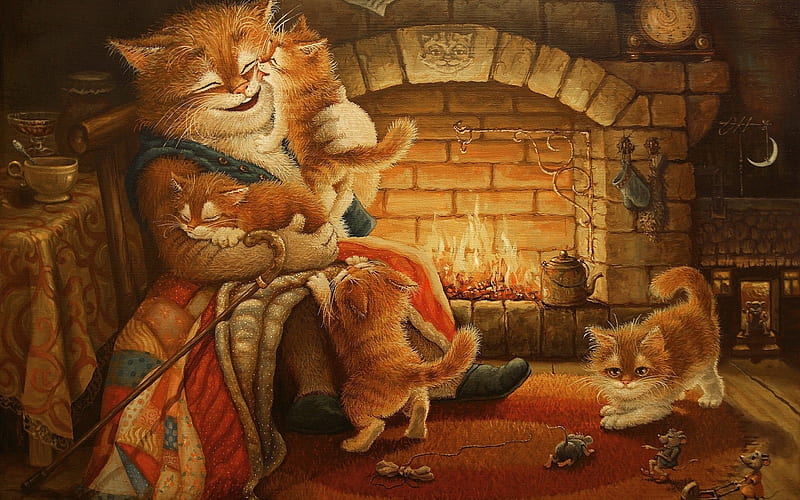 Tales of the cat Kuzma, fantasy, alexander maskaev, pisici, cat, illustration, kitten, HD wallpaper