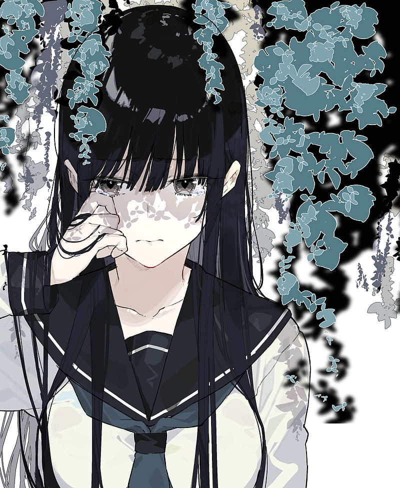 anime girls, tears, face, anime, black hair, gray eyes, school uniform, Kayahara, HD phone wallpaper
