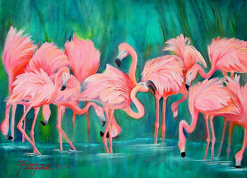 PAINTING OF THE PINKS, painting, birds, flamingos, pink, HD wallpaper