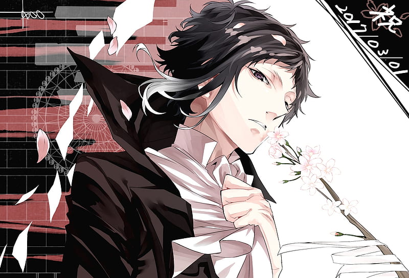 akutagawa ryunosuke, bungou stray dogs, flowers, black hair, Anime, HD wallpaper