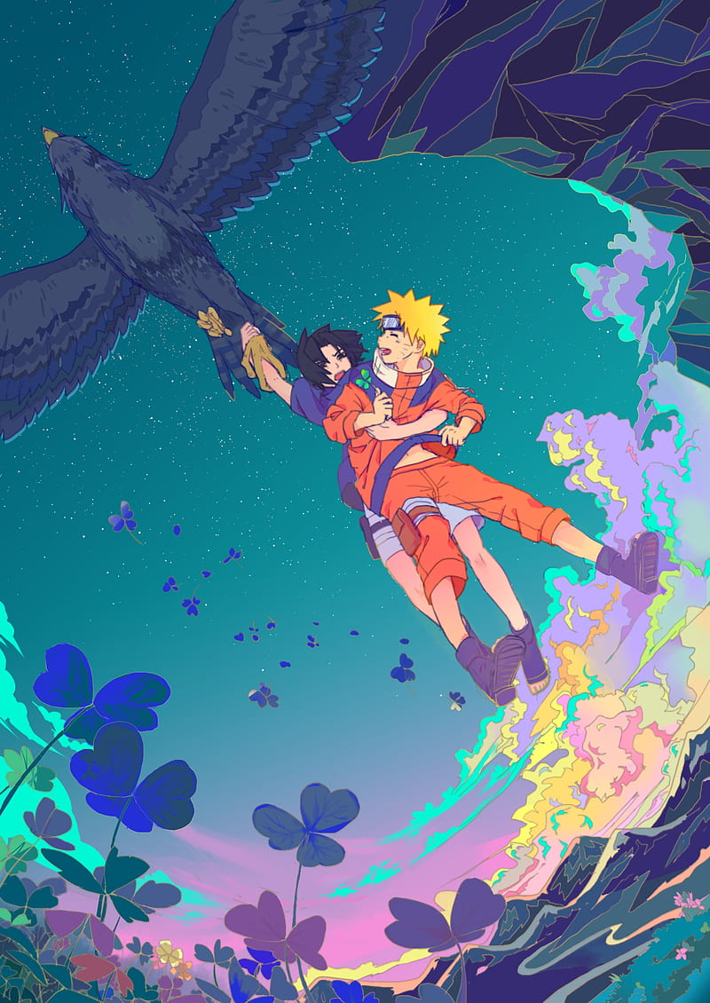naruto x sasuke, bird, flowers, stars, Anime, HD phone wallpaper