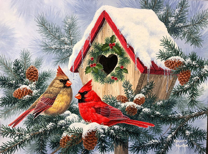 Christmas Home, winter, cardinals, snow, decoration, painting, birds, artwork, HD wallpaper
