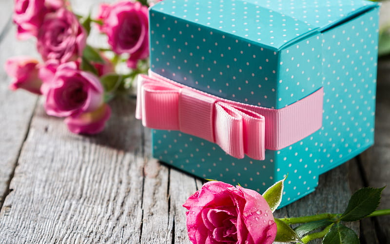 bow, valentine, pink, gift, rose, box, mother, flower, day, blie, HD wallpaper