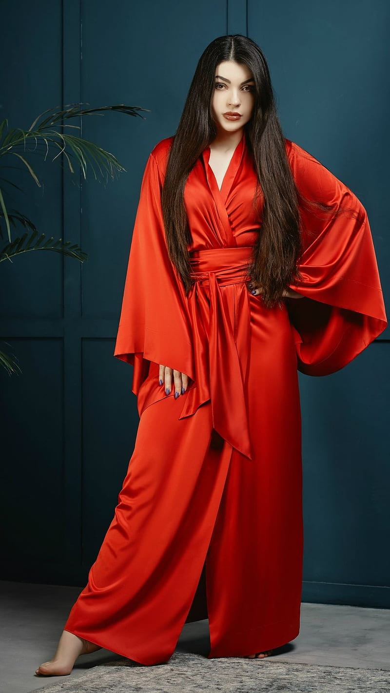 Red robe, bonito, beauty, dark hair, girl, lingerie, HD phone wallpaper