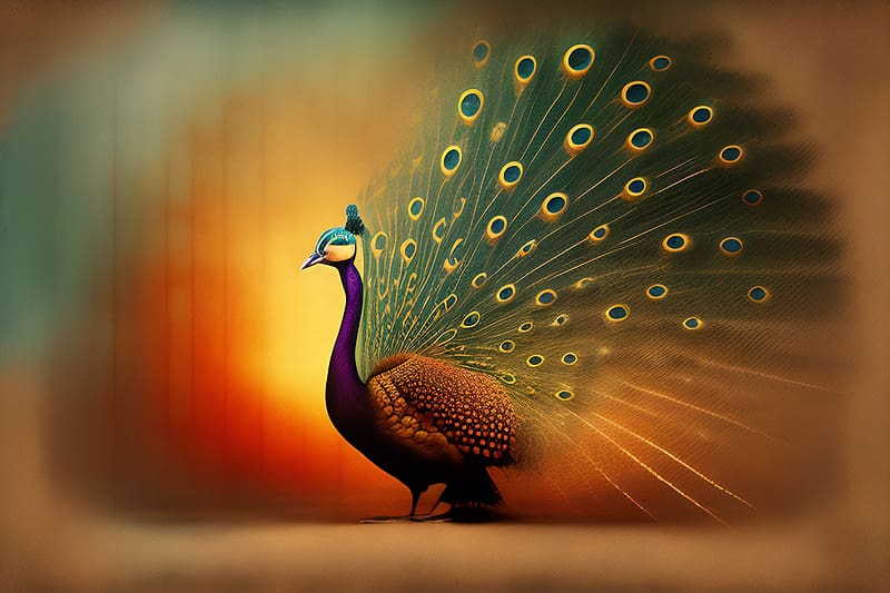 Peacock with colorful tail, Peacock, Tail, Digital art, Gold background, HD wallpaper